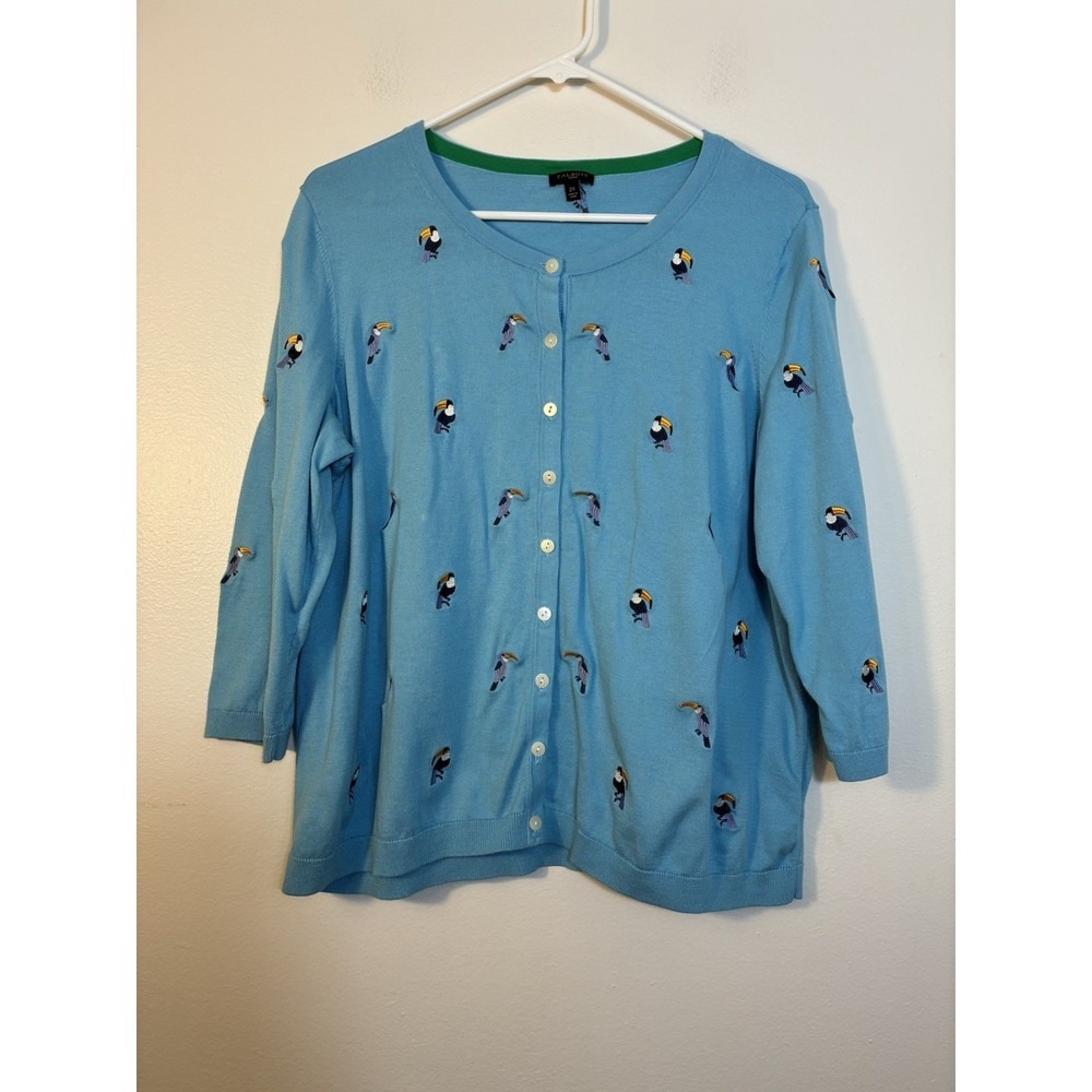 Talbots Button Up Cardigan Sz 2XL Blue Novelty Print Toucan Cotton‎ Blend Preppy
